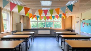 A bright classroom with tables, colorful bunting, and natural light. photo