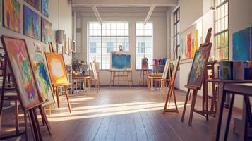 A bright art studio filled with colorful paintings and easels, showcasing creativity and inspiration. photo
