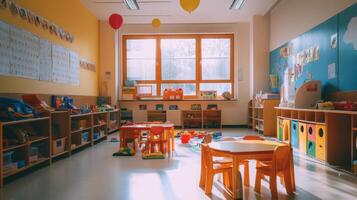A bright, colorful classroom filled with toys and learning materials for children. photo