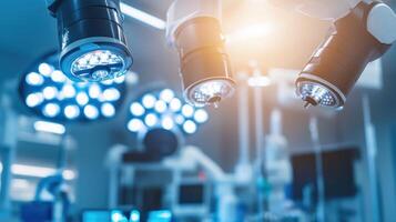 Surgical lights illuminate a modern operating room for medical procedures. photo