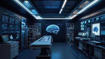 A futuristic lab focused on brain research with advanced technology and data displays. photo