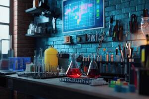 A laboratory scene featuring glassware, chemicals, and scientific equipment for experiments. photo
