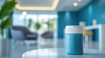 A blue container sits on a table in a modern, bright interior space. photo
