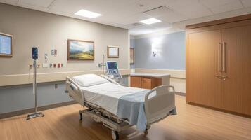 A clean and modern hospital room with a bed and medical equipment photo