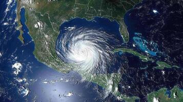 A satellite image of a hurricane approaching the Gulf of Mexico, showcasing its spiral structure. photo