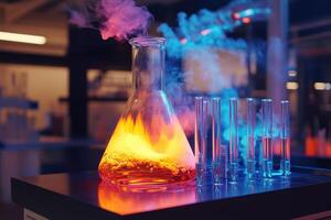 A colorful laboratory setup with a flask and test tubes, showcasing a scientific experiment. photo