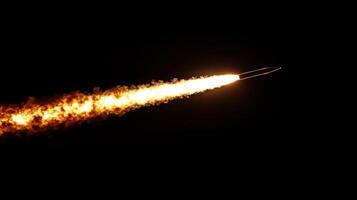 A rocket ascending into the night sky, leaving a trail of flame and smoke. photo