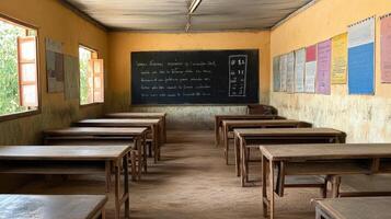 A simple classroom with wooden desks and a chalkboard, designed for learning. photo