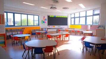 A bright, modern classroom with colorful furniture for learning and activities. photo