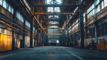 A spacious industrial warehouse with high ceilings and large windows, illuminated by natural light. photo