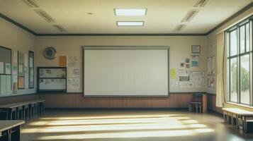 A bright, empty classroom with a projector screen and educational materials on the walls. photo