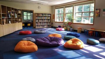 A cozy reading area with bean bags and bookshelves, promoting relaxation and learning. photo