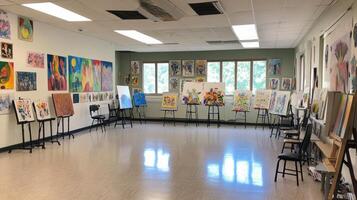 An art studio filled with colorful paintings on display and easels set up for creativity. photo