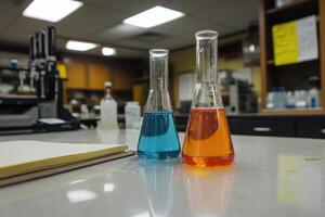 Two flasks with blue and orange liquids on a lab table in a scientific environment. photo