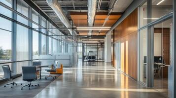 Modern office interior featuring open spaces and collaborative areas. photo