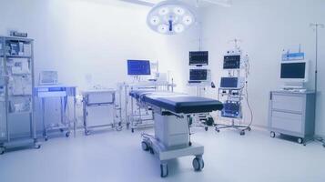 un moderno quirúrgico habitación equipado con avanzado médico tecnología y un central operando mesa. foto