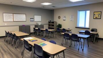 A classroom setup with desks, chairs, and educational materials. photo