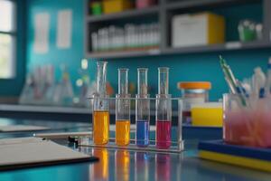 Laboratory setup with colorful liquid-filled test tubes for scientific experiments. photo