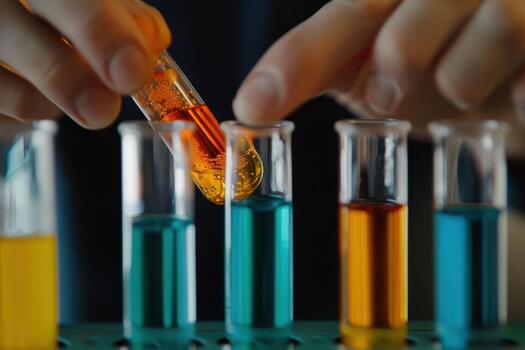 A person is adding a colorful liquid from a test tube into another set of test tubes. photo