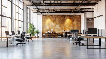 Modern office interior with desks, computers, and plants, designed for productivity. photo