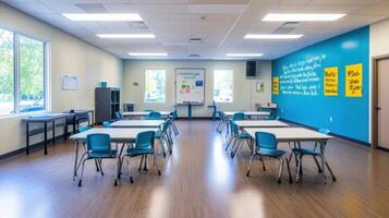A bright classroom with tables and chairs, designed for learning and collaboration. photo