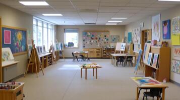 A bright art classroom filled with student artwork and easels for creative activities. photo