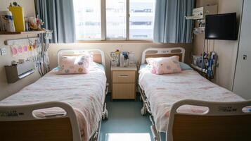 A hospital room with two beds, equipped for patient care and recovery. photo