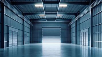 A spacious industrial warehouse with a large open door and smooth concrete floor. photo