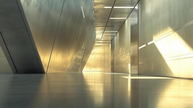 un moderno, pulcro interior espacio con pulido superficies y angular arquitectura. foto