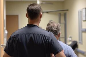 A healthcare professional assists a patient in a clinical setting. photo
