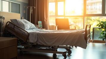 A hospital room featuring an adjustable bed and natural light streaming through windows. photo