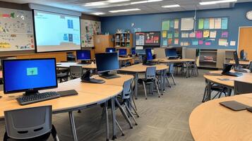 A modern classroom with computers and learning materials for educational purposes. photo