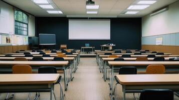 A spacious classroom with desks, chairs, and a projector for teaching and learning. photo