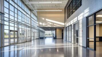 Modern interior of a spacious lobby with large windows and natural light. photo