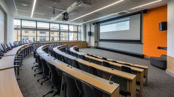 Modern lecture hall with tiered seating and a projector screen for presentations. photo