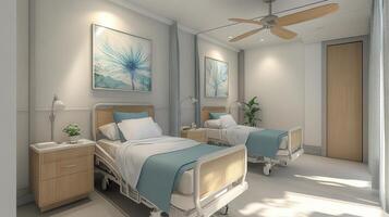 A modern hospital room with two beds, bright decor, and calming artwork. photo