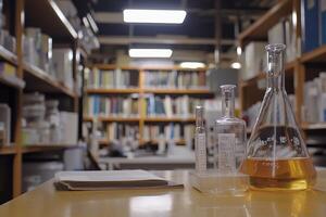 A laboratory scene with glassware and books, indicating scientific research. photo