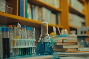 A laboratory scene featuring glassware filled with blue liquid, surrounded by books and test tubes. photo