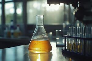 A laboratory flask containing yellow liquid, surrounded by test tubes and a bright background. photo
