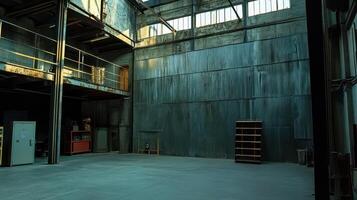 An empty industrial space with metal walls and minimal furnishings, suitable for various uses. photo