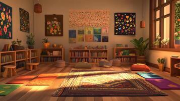 A cozy, colorful room with bookshelves, cushions, and artwork, ideal for relaxation and creativity. photo
