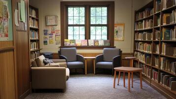 A cozy library corner with seating, bookshelves, and natural light for reading and relaxation. photo