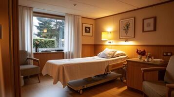 A serene hospital room with a bed, chair, and soft lighting for patient comfort. photo
