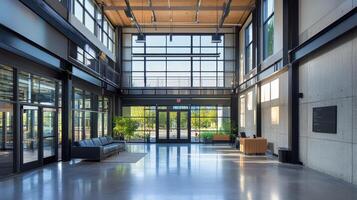 Modern lobby with large windows, seating, and greenery, designed for welcoming visitors. photo