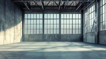 A spacious, industrial-style interior with large windows and concrete flooring. photo