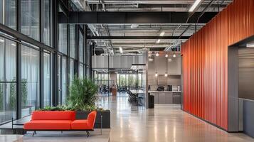 Modern office interior featuring a vibrant orange couch and open workspace design. photo