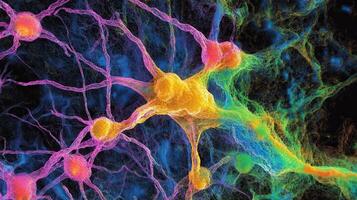 Colorful depiction of neurons showcasing neural connections and brain activity. photo
