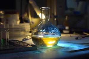 A laboratory flask containing bubbling liquid, illuminated in a scientific workspace. photo