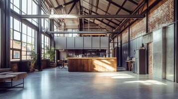Spacious industrial kitchen with large windows and modern furnishings. photo