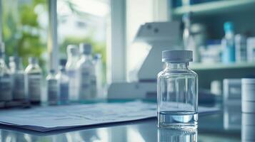 A laboratory scene featuring a glass vial and scientific equipment on a work surface. photo